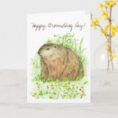 Glückliches Groundhog Tageswaldmurmeltier-Zeichnen Karte (Gelbe Blume)
