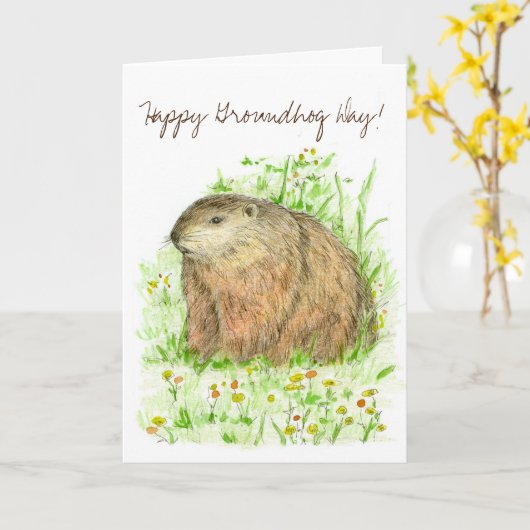 Glückliches Groundhog Tageswaldmurmeltier-Zeichnen Karte (Gelbe Blume)