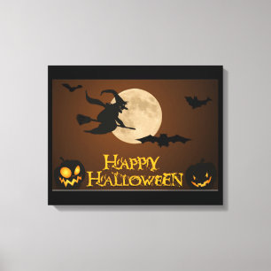 "GLÜCKLICHES HALLOWEEN" FLIEGENDE HEXE LEINWANDDRUCK