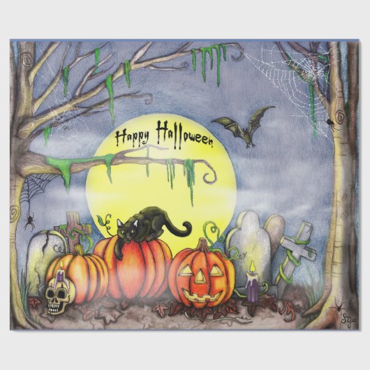 Glückliches Halloween-Graveyard-Scene-Wrapping-Pap Geschenkpapier (Flach)