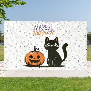Glückliches Halloween-Katze & Kürbis Banner