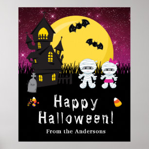Glückliches Halloween Mummy Pink Party Zeichen Poster