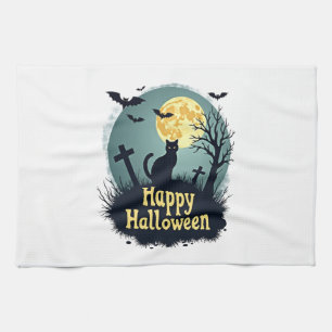 Glückliches Halloween-Shirt mit Katze auf dem Frie Geschirrtuch