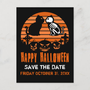 Glückliches Halloween Skelett Katze Retro Sonnenun Ankündigungspostkarte
