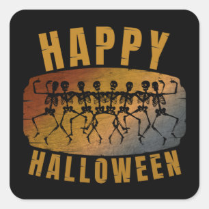 GLÜCKLICHES HALLOWEEN TANZENDES SKELETT QUADRATISCHER AUFKLEBER