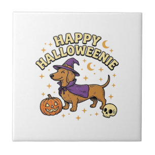 Glückliches Halloweenie Dachshund Hexen Hund T-Shi Fliese