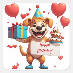 Glückliches Hundegeburtstagsgeschenk mit Herzen ❤️ Quadratischer Aufkleber