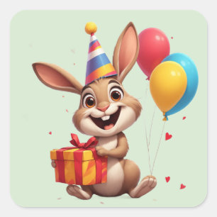 🎁 Glückliches Kaninchen mit Luftballons und Gesch Quadratischer Aufkleber