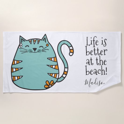 Glückliches Katzen-Name- u. -farbbadetuch Strandtuch (Vorderseite)