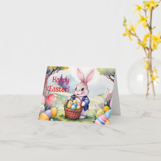 Glückliches kleines Kaninchen 1, Ostern Karte (Gelbe Blume)