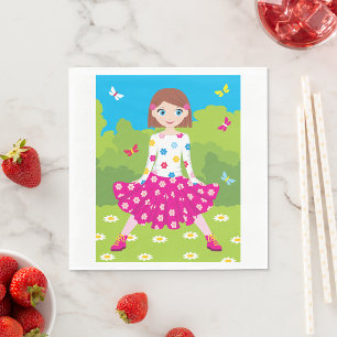 Glückliches kleines Mädchen mit Blumen und Schmett Serviette