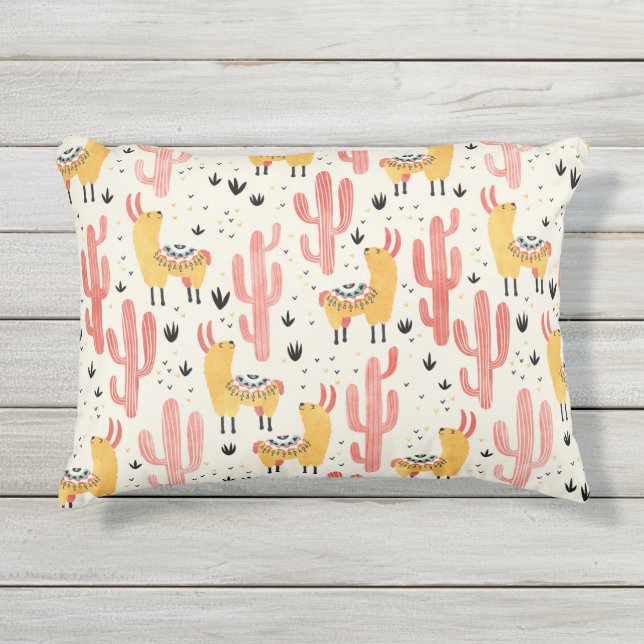 Glückliches Lama mit Kaktus Kissen Für Draußen (Vorderseite)