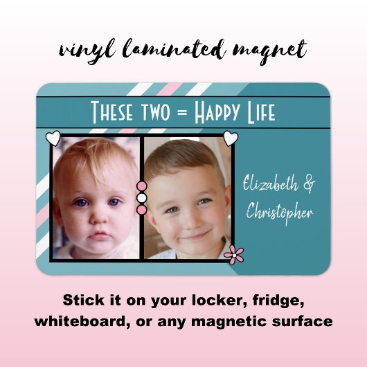 Glückliches Leben hinzufügen 2 Fotos und Namen tür Magnet