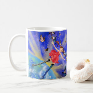 Glückliches Mädchen mit Vögeln - Glück - Freude - Kaffeetasse
