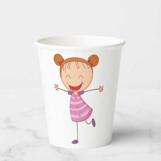 Glückliches Mädchen Stickfigur Oranges Haar in Bun Pappbecher (Vorderseite)