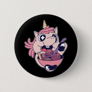Glückliches, molliges Einhorn-Kleinkind isst Eiscr Button