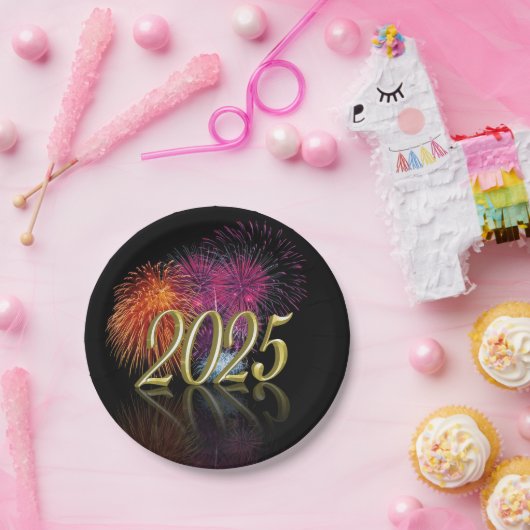 Glückliches neues Jahr 2025 Gold Fireworks Pappteller (Party)