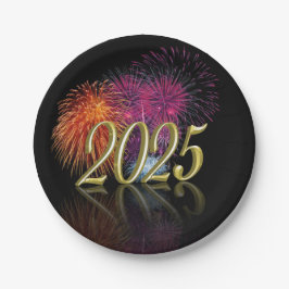 Glückliches neues Jahr 2025 Gold Fireworks Pappteller