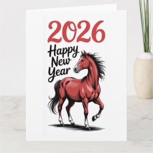 Glückliches Neues Jahr 2026 Karte Rotes Pferd Illu