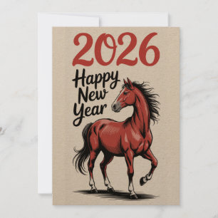 Glückliches Neues Jahr 2026 Karte Rotes Pferd Illu