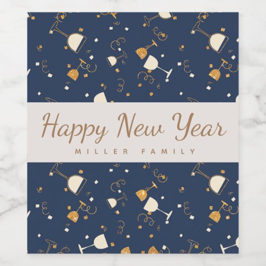 glückliches neues Jahr Sparkling Weingläser Gold u Weinetikett (Einzelnes Label)