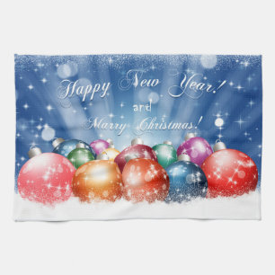 Glückliches neues Jahr und frohe Weihnachtsbaubles Geschirrtuch