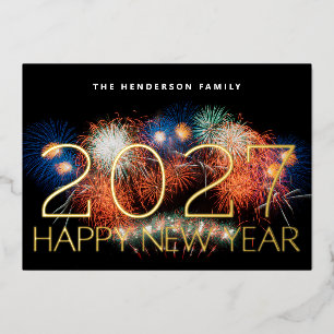 GLÜCKLICHES NEUJAHR 2026 GOLD FIREWORKS FOTO WIEDE FOLIEN FEIERTAGSKARTE