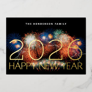 GLÜCKLICHES NEUJAHR 2026 GOLD FIREWORKS FOTO WIEDE FOLIEN FEIERTAGSKARTE