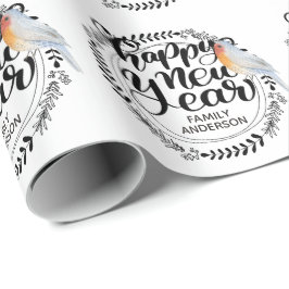 GLÜCKLICHES NEUJAHR Festlicher Winter Robin Person Geschenkpapier