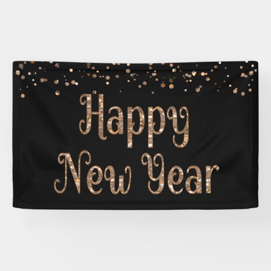 GLÜCKLICHES NEUJAHR Kupfer Gold Confetti Black Banner (Horizontal)
