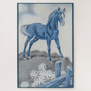 glückliches Pferd in Blau Puzzle