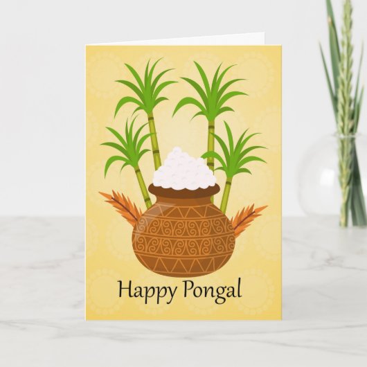 Glückliches Pongal, mit einem Topf Reis und Karte (Vorderseite)