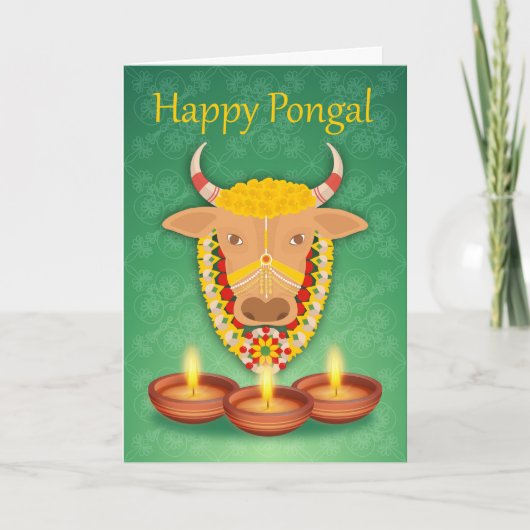 Glückliches Pongal, mit Kuh und Kerzen Karte (Vorderseite)