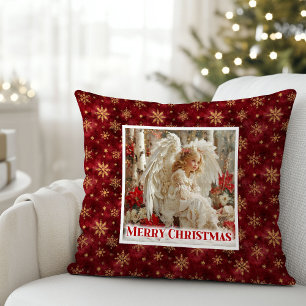 Glückliches Rot und Gold Vintage Engel Weihnachts  Kissen