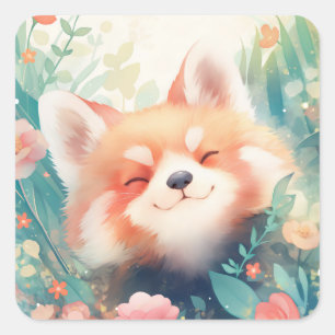 Glückliches Rotpanda-Gesicht im rosa Blumengarten Quadratischer Aufkleber