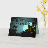 Glückliches schwarze Katzen-Spuk Haus-Blau Karte (Gelbe Blume)