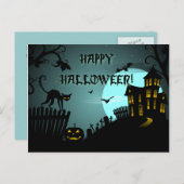 Glückliches schwarze Katzen-Spuk Haus-Blau Postkarte (Vorne/Hinten)