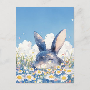 Glückliches schwarzes Kaninchen auf sonniger Gänse Postkarte