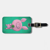 Glückliches Schwein mit glücklichem vierblättriges Gepäckanhänger (Vorderseite horizontal)