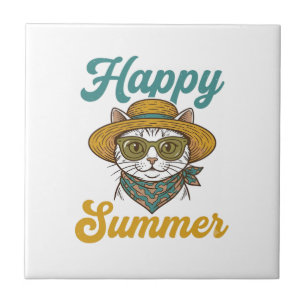 Glückliches Sommerkatze Vintage Gravur Shirt Desig Fliese