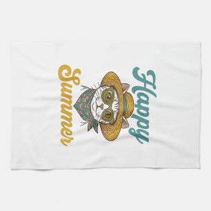Glückliches Sommerkatze Vintage Gravur Shirt Desig Geschirrtuch