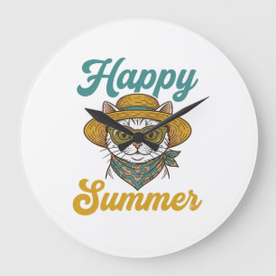 Glückliches Sommerkatze Vintage Gravur Shirt Desig Große Wanduhr