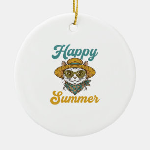 Glückliches Sommerkatze Vintage Gravur Shirt Desig Keramik Ornament