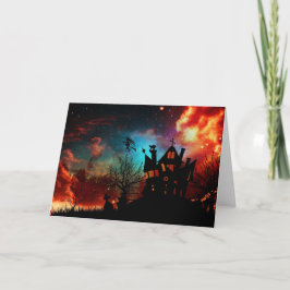 Glückliches Spuk Haus und Hexe Halloweens Karte