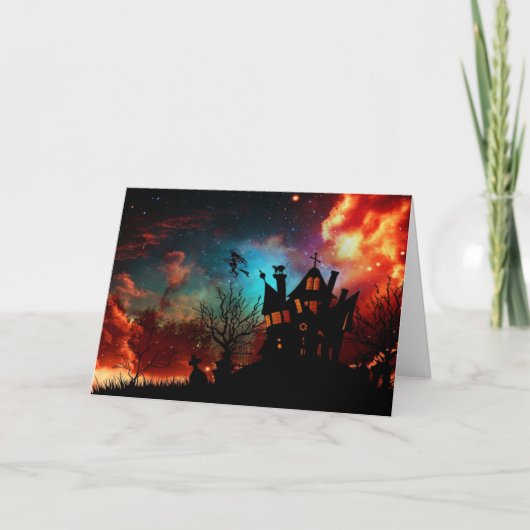 Glückliches Spuk Haus und Hexe Halloweens Karte (Vorderseite)
