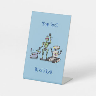 Glückliches süßes Roboter-Trio-Cartoon Sockelschild