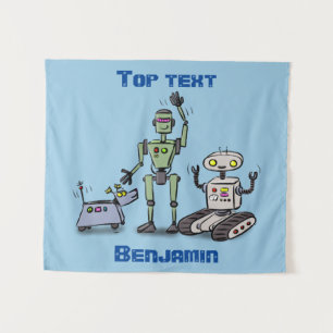Glückliches süßes Roboter-Trio Cartoon Wandteppich
