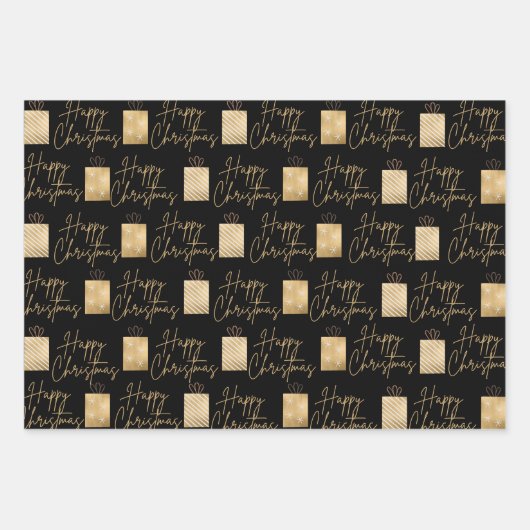 Glückliches Weihnachtsgold und schwarzes Wrapping  Geschenkpapier Set (Vorderseite)