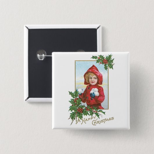 Glückliches Weihnachtsmädchen mit Schneebällen Button (Vorne & Hinten)