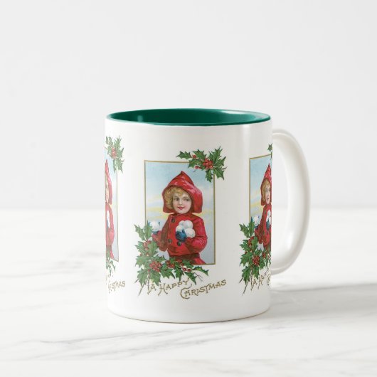 Glückliches Weihnachtsmädchen mit Schneebällen Zweifarbige Tasse (VorderseiteRechts)